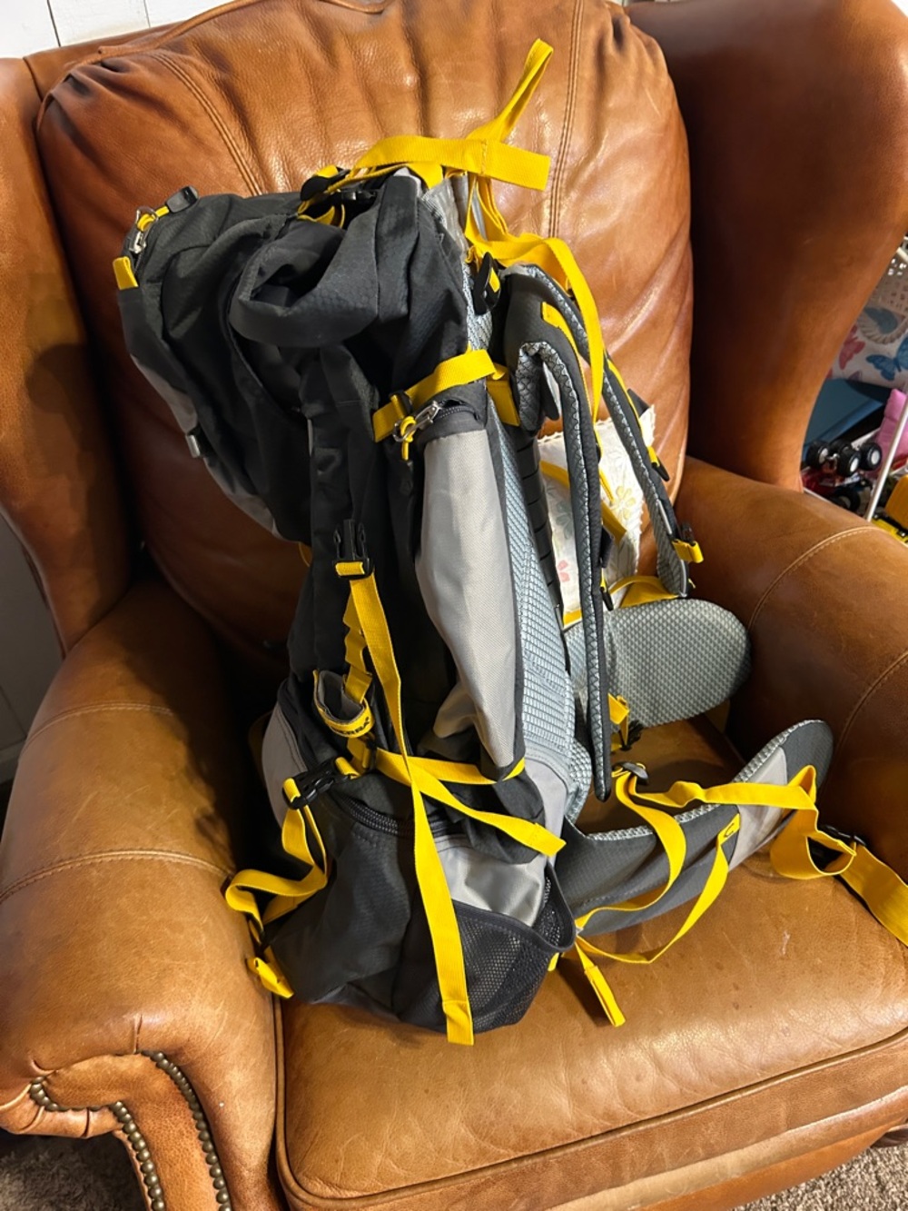 75L Men's Hiking Backpack - Black & Gray with Yellow Accents - Picture 2 of 5